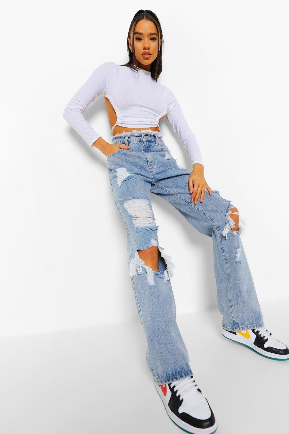 Fray Waistband Distressed Boyfriend Jeans